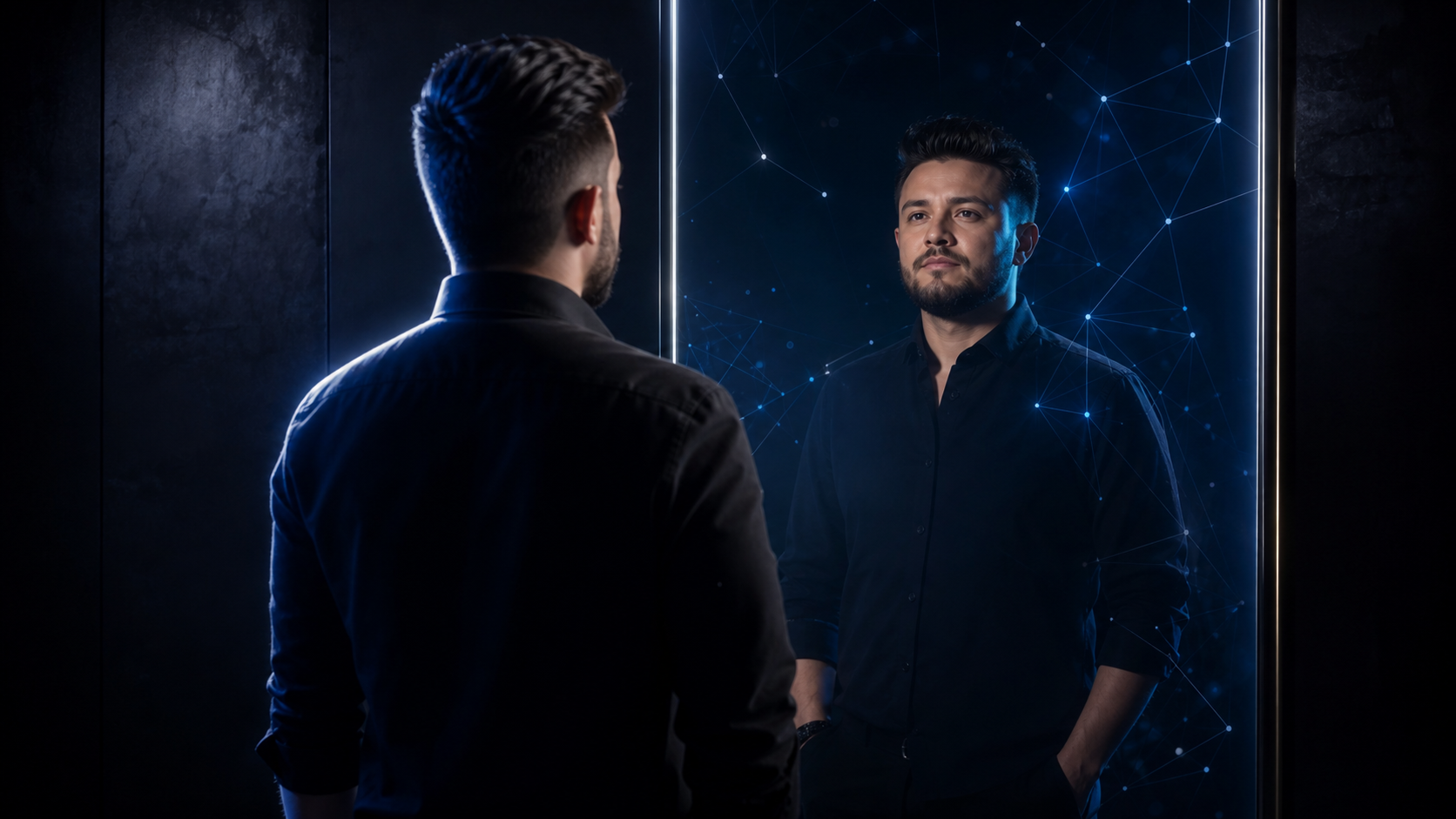 Portada editorial sobre autoestima, reflejo personal y confianza interior en tonos navy y zafiro